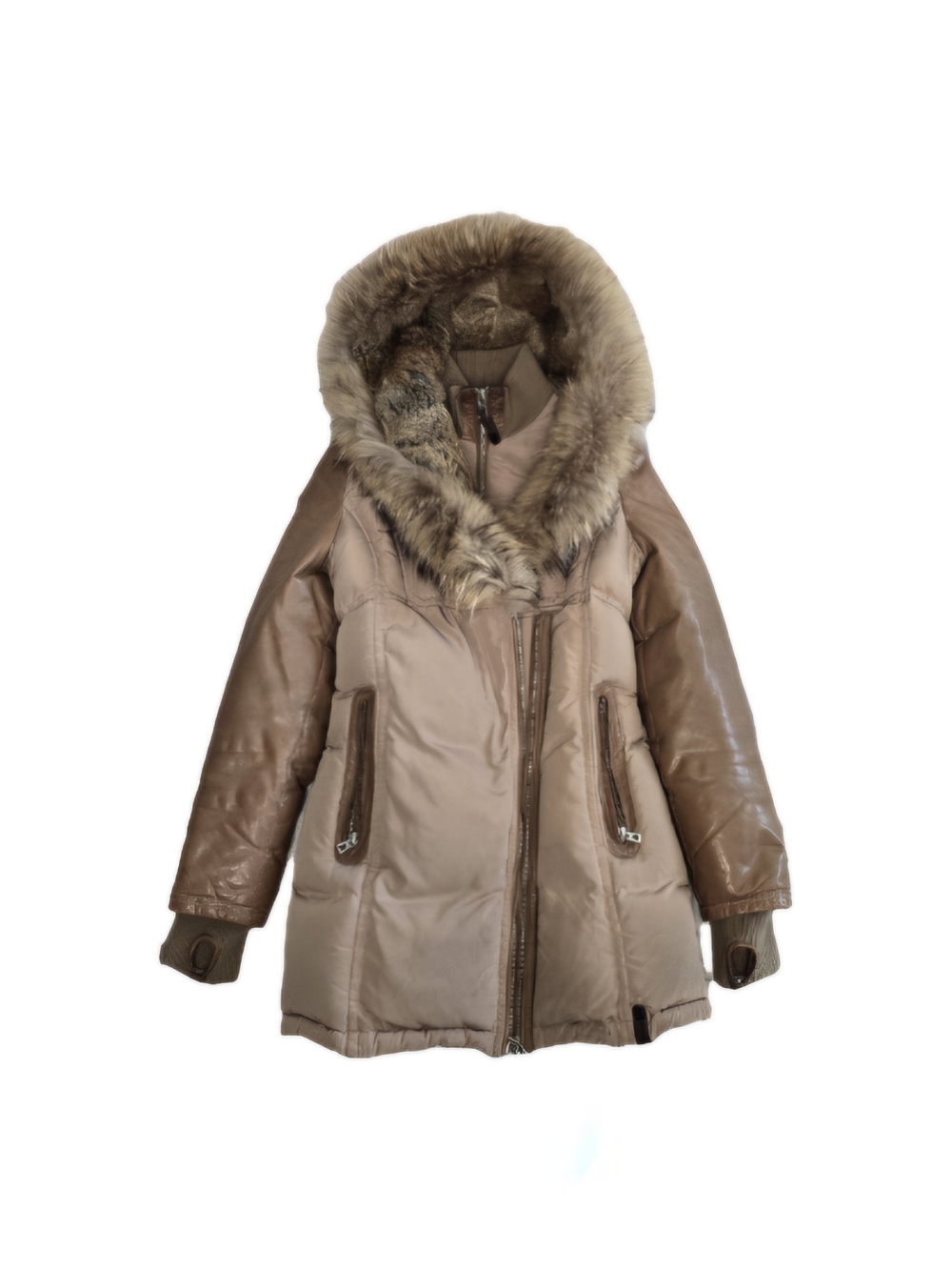 RUDSAK Tan Leather-Sleeve Puffer Jacket with Fur Trim